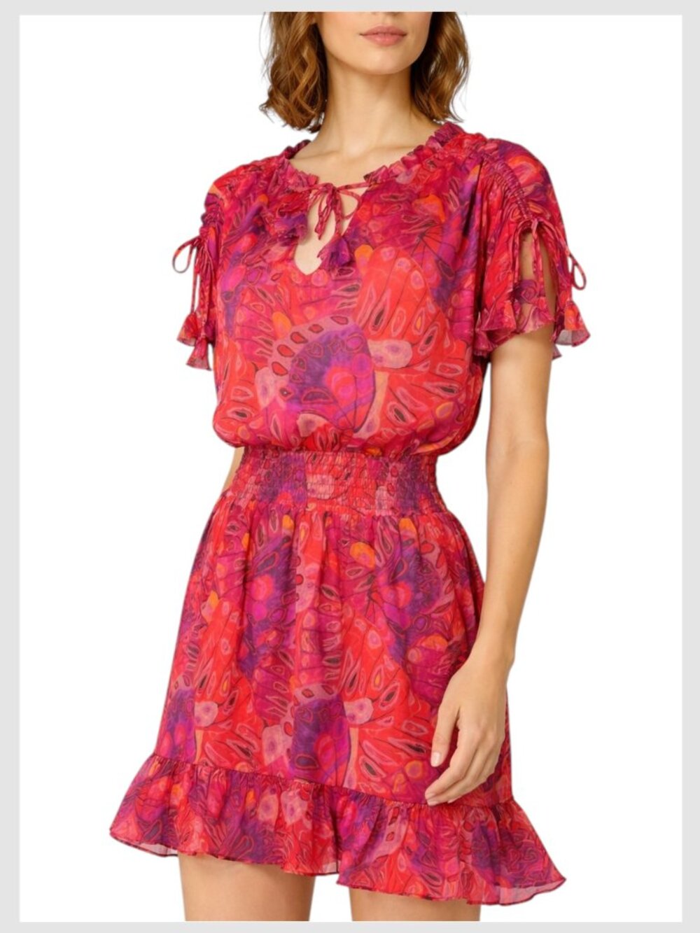 MISA Los Angeles Dominique Mini Dress Red Pink Smocked Ruffle XL